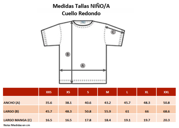 Medidas Tallas NIÑO-A cuello redondo Playera Unisex en Tallas Junior en diferentes colores y con impresionante estampado.