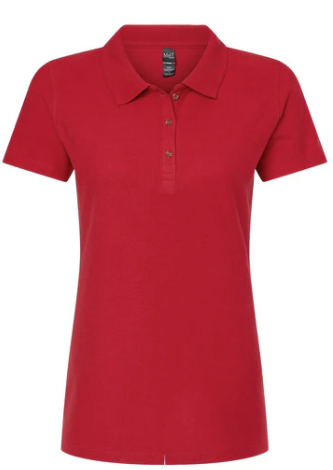 ROJO BRILLANTE Playera Dama Mod. 7600, tipo POLO, Tallas ADULTO, con impresión frontal ó trasera con logo frontal.