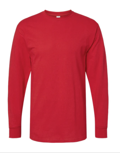 ROJO BRILLANTE Playera Mod. 4820, Manga Larga, 100% Algodón, Tallas ADULTO, con impresión frontal o trasero (con logo frontal).