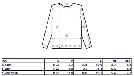 TALLAS Playera Mod. 3520, Manga Larga, Ultra Ligera 65% Poliester y 35% Algodón, Tallas ADULTO, con impresión frontal o trasero (con logo frontal).