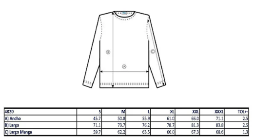 TALLAS Playera Mod. 4820, Manga Larga, 100% Algodón, Tallas ADULTO, con impresión frontal o trasero (con logo frontal).