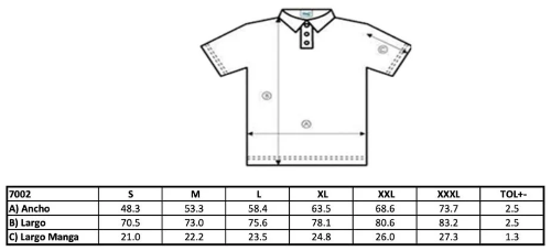Playera Hombre Mod. 7002, tipo POLO, 100% Algodón, Tallas ADULTO, con impresión frontal ó trasera con logo frontal.