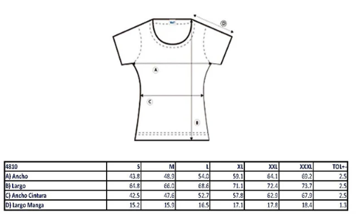 Playera Dama Mod. 4810, 100% Algodón, Tallas ADULTO, con impresión frontal ó trasera con logo frontal.