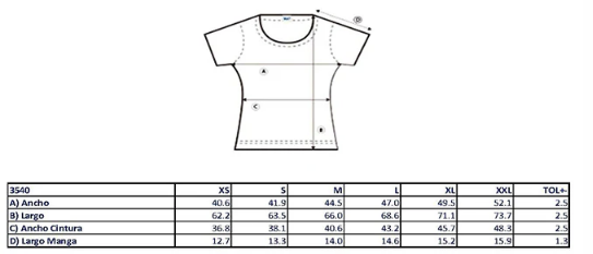 TALLAS Playera Dama Mod. 3540, 65% Poliester y 35% Algodón, Tallas ADULTO, con impresión frontal ó trasera con logo frontal.